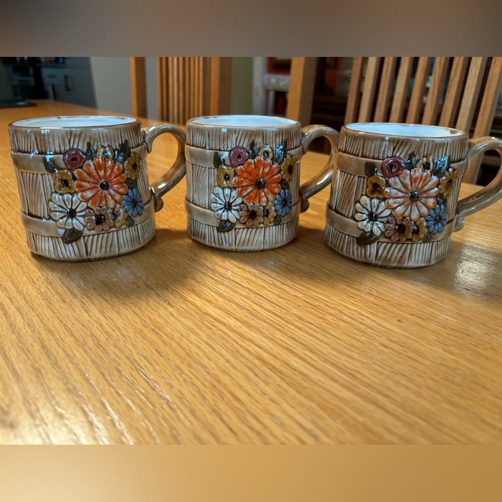 Set of 3 Atlantic Mold Ceramic Flowered Mugs Vintage